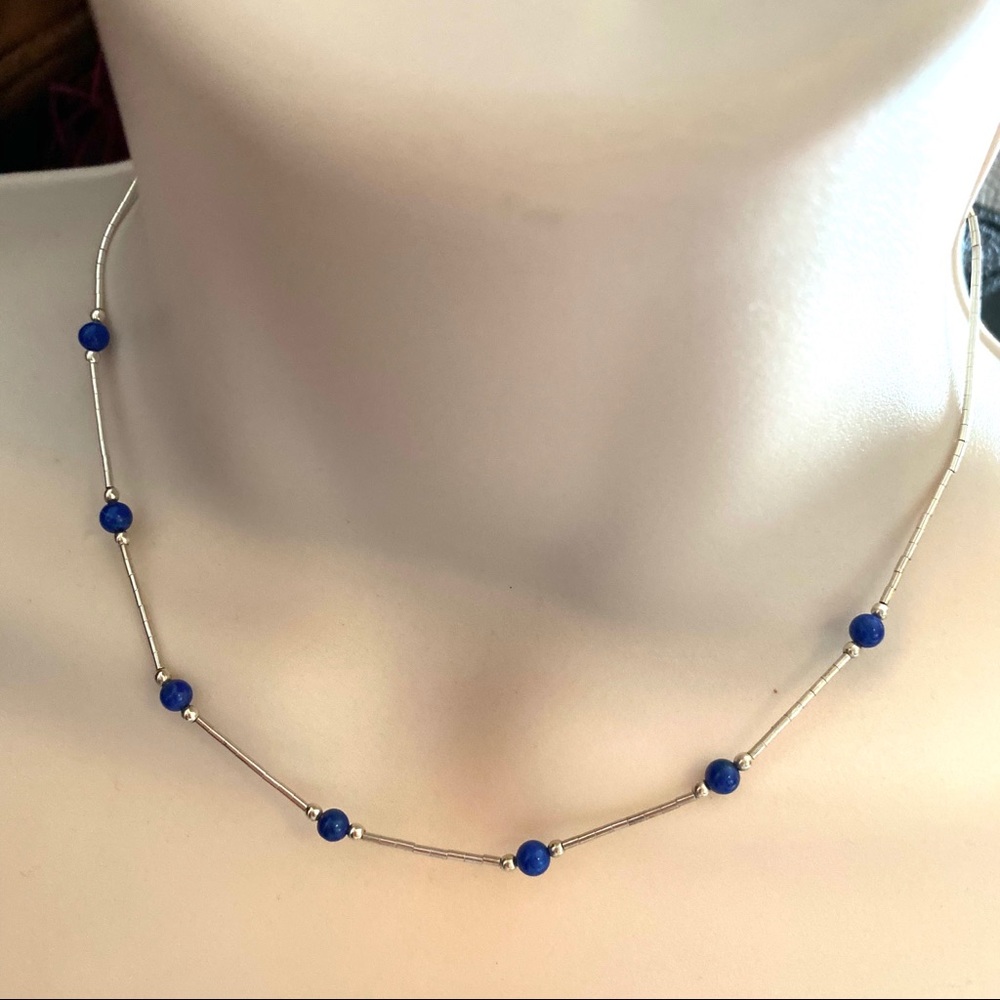 Liquid Silver & Lapis Lazuli Beaded Necklace